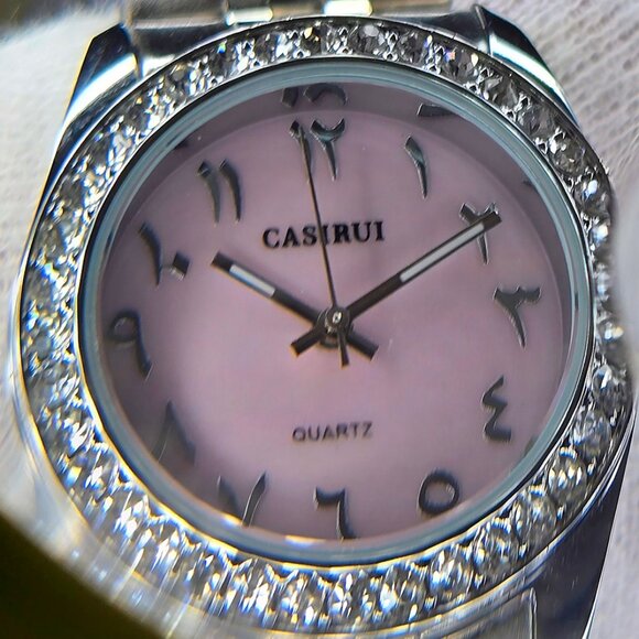 Casiru Ladies Rhinestone Bezel w/Pink Shell Dial Quartz Watch Stainless Bracelet - Picture 2 of 11